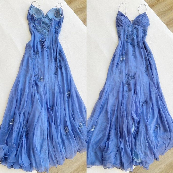 Sequin Beads Chiffon Formal Gown Spaghetti Strap Flowing Slit Prom Dress Ms2506112