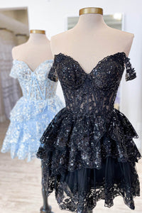 Gold Sequin Prom Dress Lace Layered Off Shoulder Mini Party Dress Ms09193