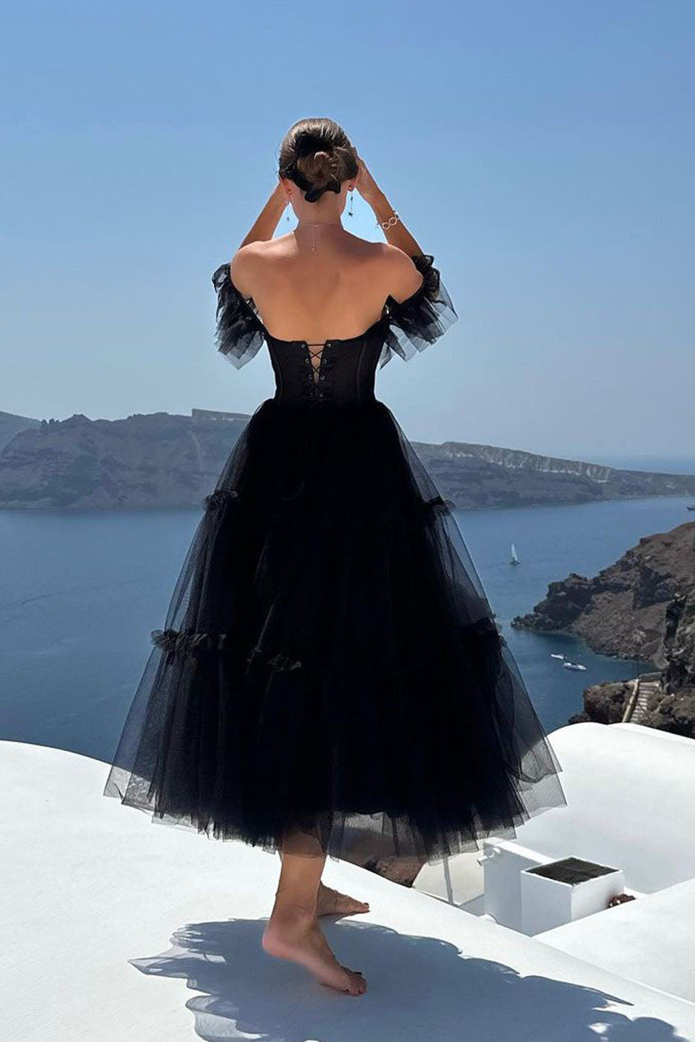 Abiti da sera in tulle lunghezza tè per donne, abiti da ballo con spalle scoperte, per adolescenti, scollo a cuore, decorati con perline, abito principessa gonfio