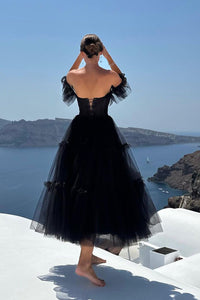 Abiti da sera in tulle lunghezza tè per donne, abiti da ballo con spalle scoperte, per adolescenti, scollo a cuore, decorati con perline, abito principessa gonfio