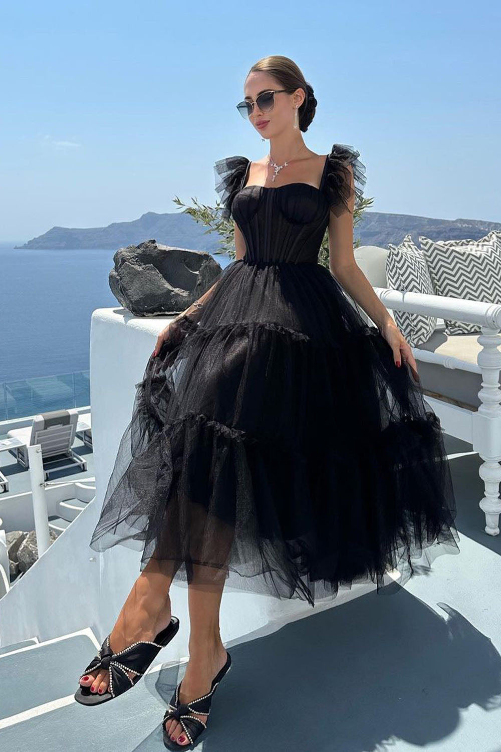 Black Tulle Midi Prom Dress Corset Off Shoulder Romantic Party Dress M   Msikoods Official Store