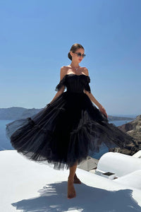 Abiti da sera in tulle lunghezza tè per donne, abiti da ballo con spalle scoperte, per adolescenti, scollo a cuore, decorati con perline, abito principessa gonfio