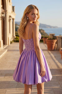 Spaghetti Strap Beaded Party Dress Appliques Satin Mini Homecoming Dress Ms26110134