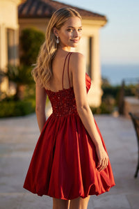 Spaghetti Strap Beaded Party Dress Appliques Satin Mini Homecoming Dress Ms26110134