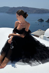 Abiti da sera in tulle lunghezza tè per donne, abiti da ballo con spalle scoperte, per adolescenti, scollo a cuore, decorati con perline, abito principessa gonfio