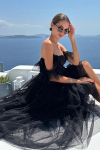 Abiti da sera in tulle lunghezza tè per donne, abiti da ballo con spalle scoperte, per adolescenti, scollo a cuore, decorati con perline, abito principessa gonfio