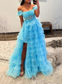 Off Shoulder Ruffle Tulle Prom Dress High Slit Corset Tiered Party Dress Evening Dress Ms2606156