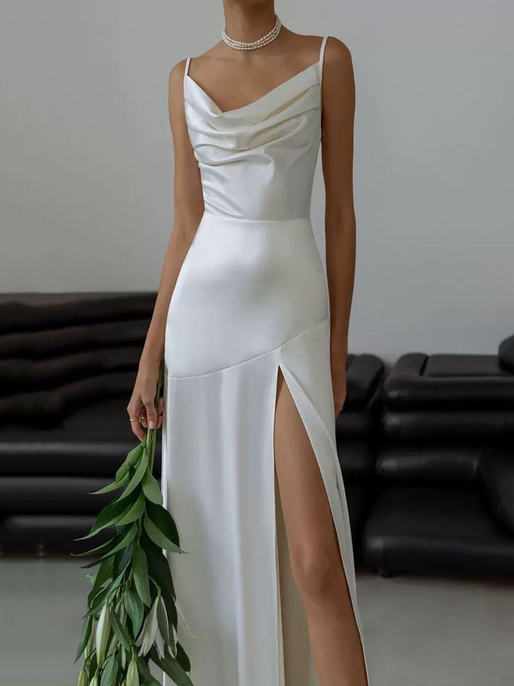 Vestido Formal de Manga Comprida Midi Assimétrico com Drapeado Vestido de Baile Vestido de Cocktail para Escritório Ms2505085