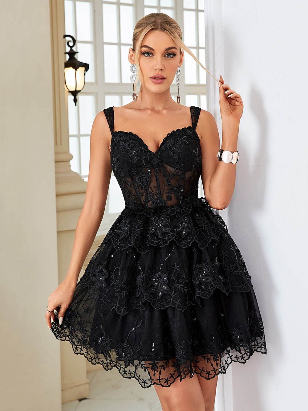 Black Corset Prom Dress Off Shoulder Corset Layered Short Cocktail Gown Ms2509213