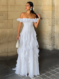 Off Shoulder Ruffle Corset Prom Dress Layered Long Formal Evening Gown Ms2604091