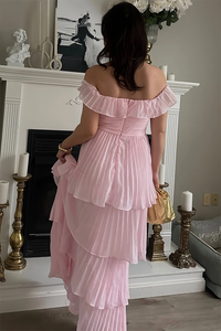 Off Shoulder Pleated Chiffon Prom Dress Tiered Ruffle Evening Gown Ms2606052