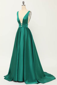 Deep V-Neck Pleated A-Line Prom Dress Satin Backless Evening Dress Ms2510165