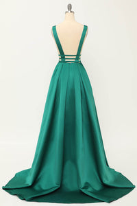 Deep V-Neck Pleated A-Line Prom Dress Satin Backless Evening Dress Ms2510165