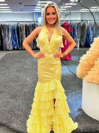 Yellow Ruffle Prom Dress Halter Mermaid Evening Dress Slit Open Back Tiered Formal Dress Ms2606091