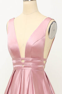 Deep V-Neck Pleated A-Line Prom Dress Satin Backless Evening Dress Ms2510165