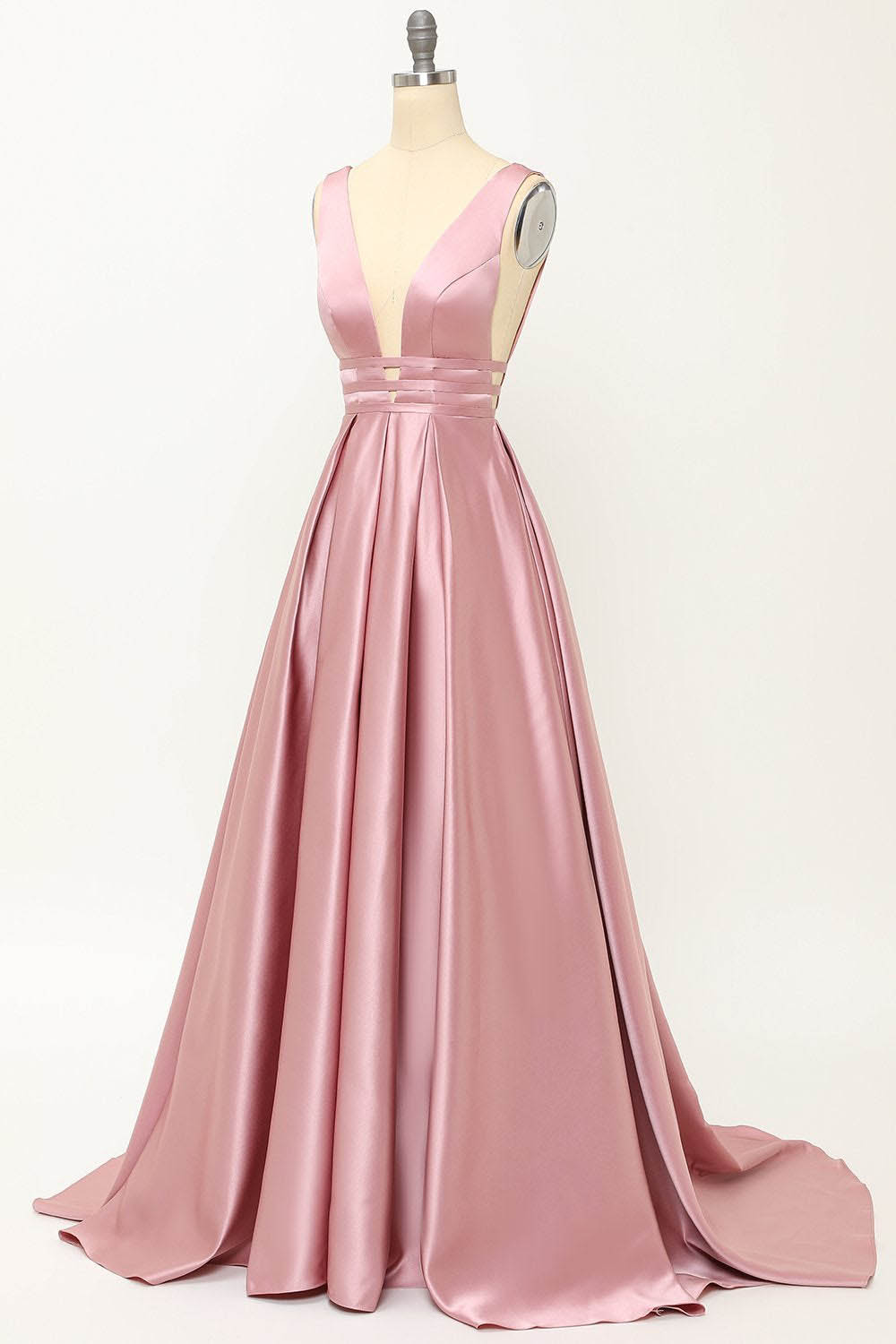 Deep V-Neck Pleated A-Line Prom Dress Satin Backless Evening Dress Ms2510165