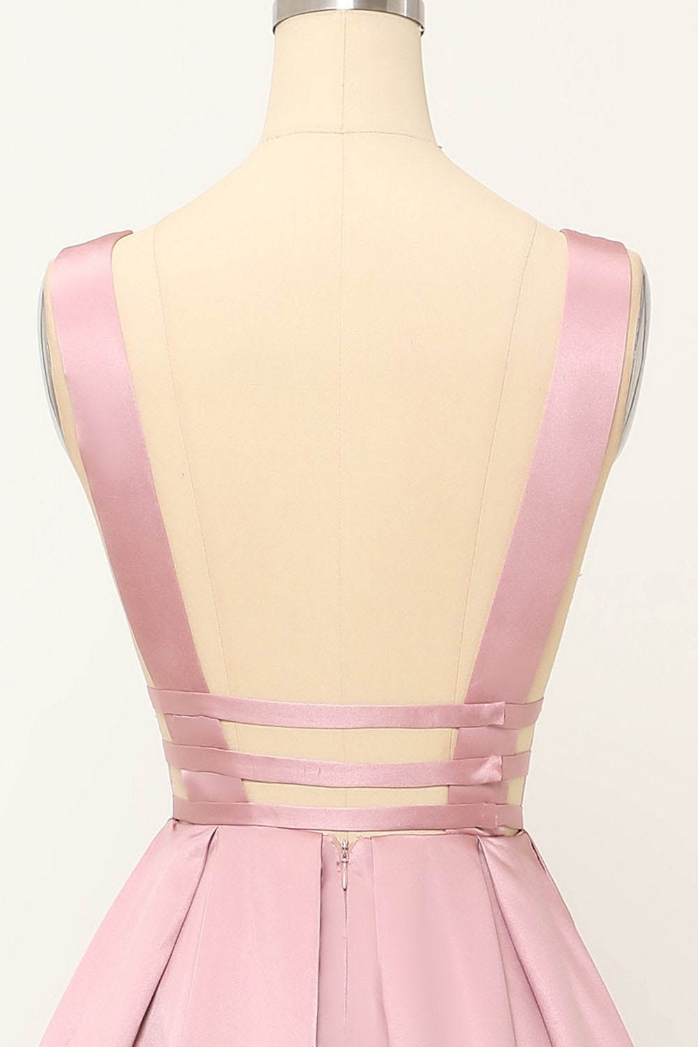 Deep V-Neck Pleated A-Line Prom Dress Satin Backless Evening Dress Ms2510165