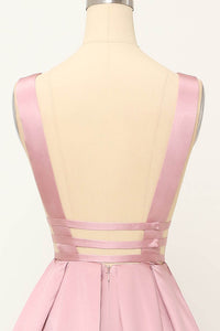 Deep V-Neck Pleated A-Line Prom Dress Satin Backless Evening Dress Ms2510165