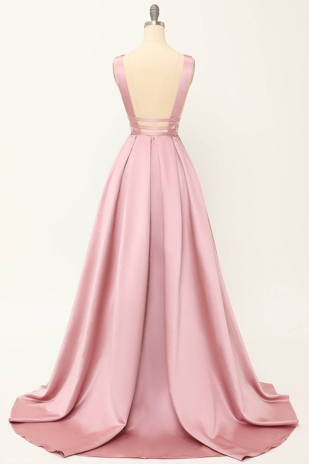 Deep V-Neck Pleated A-Line Prom Dress Satin Backless Evening Dress Ms2510165