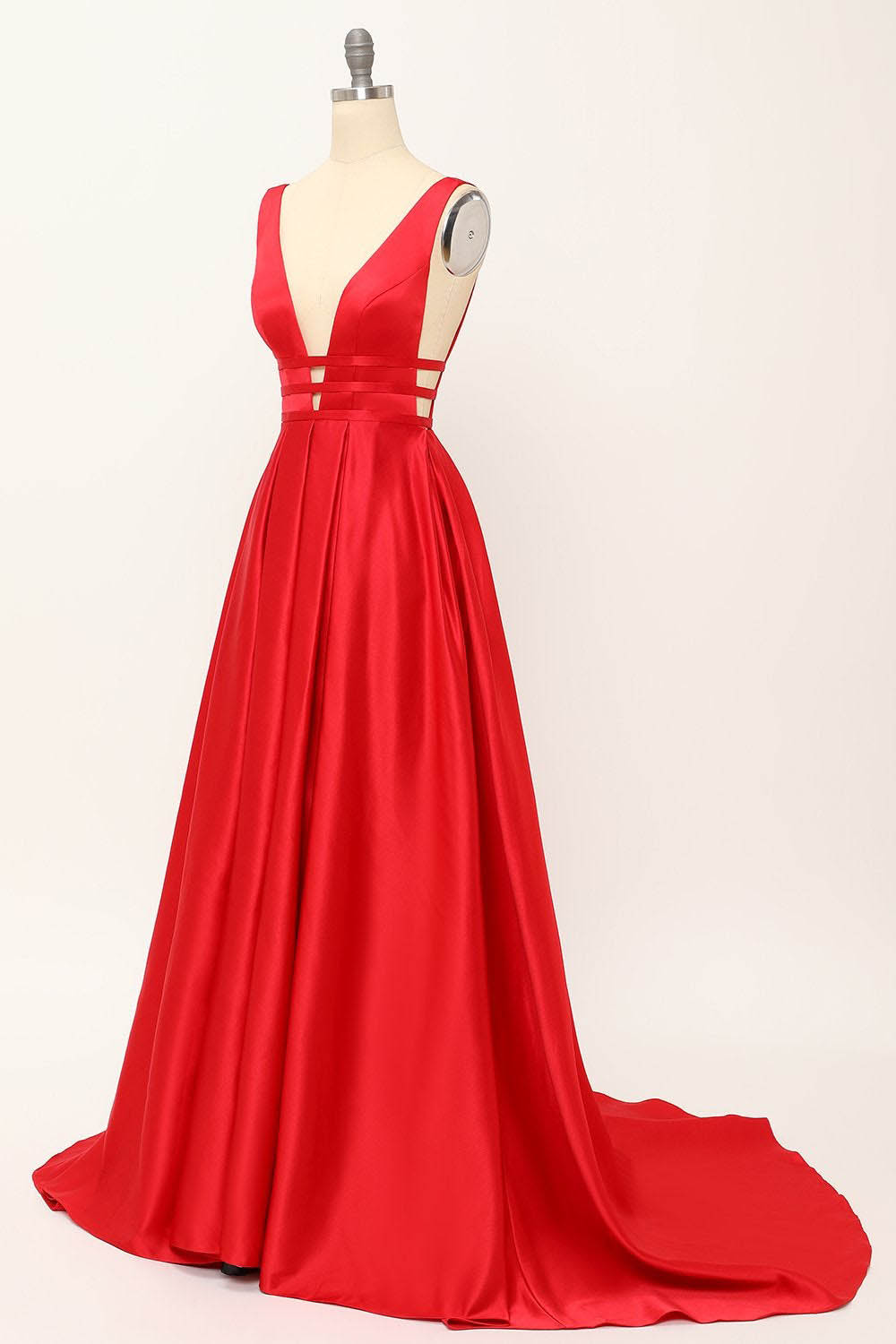Deep V-Neck Pleated A-Line Prom Dress Satin Backless Evening Dress Ms2510165