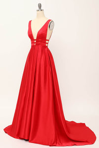 Deep V-Neck Pleated A-Line Prom Dress Satin Backless Evening Dress Ms2510165