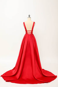 Deep V-Neck Pleated A-Line Prom Dress Satin Backless Evening Dress Ms2510165
