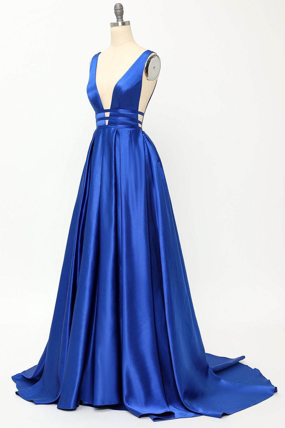 Deep V-Neck Pleated A-Line Prom Dress Satin Backless Evening Dress Ms2510165