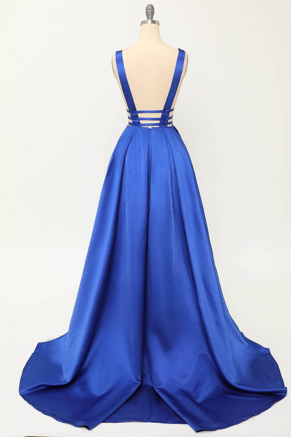Deep V-Neck Pleated A-Line Prom Dress Satin Backless Evening Dress Ms2510165