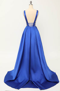 Deep V-Neck Pleated A-Line Prom Dress Satin Backless Evening Dress Ms2510165