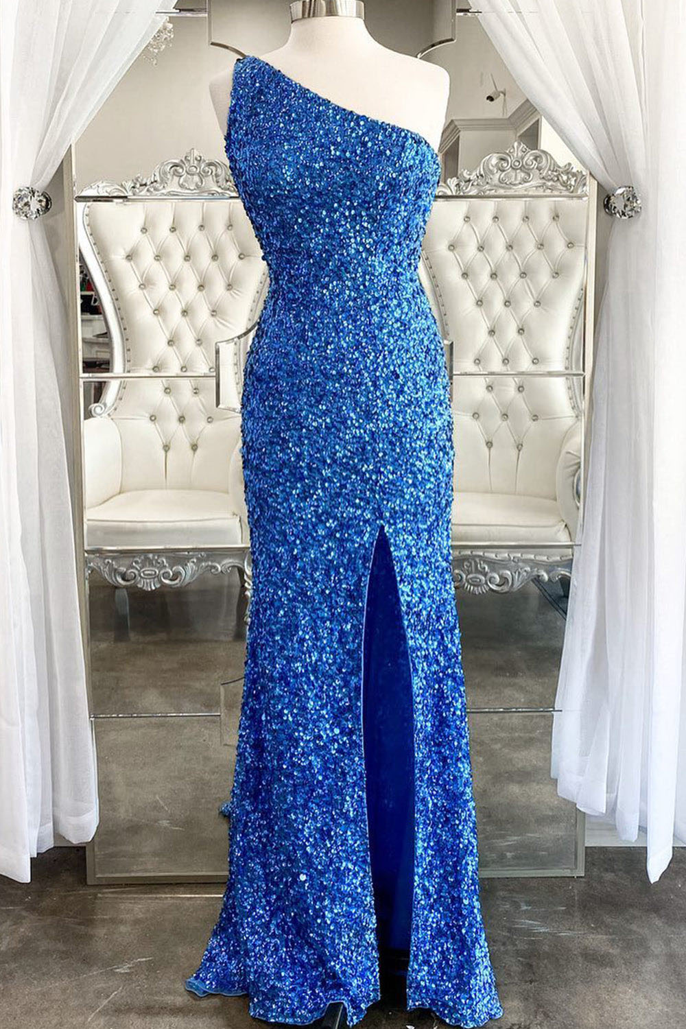Sequin One Shoulder Prom Dress High Slit Long Evening Gown Ms250804
