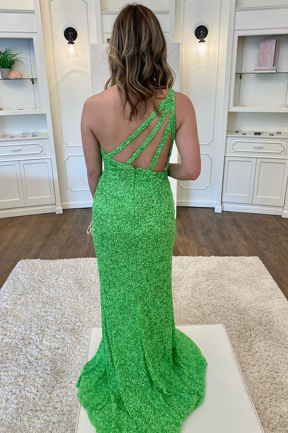 Sequin One Shoulder Prom Dress High Slit Long Evening Gown Ms250804