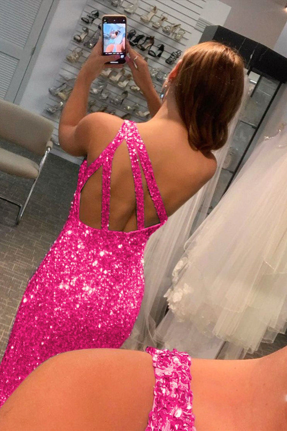 Sequin One Shoulder Prom Dress High Slit Long Evening Gown Ms250804