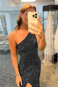 Sequin One Shoulder Prom Dress High Slit Long Evening Gown Ms250804
