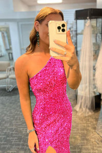 Sequin One Shoulder Prom Dress High Slit Long Evening Gown Ms250804