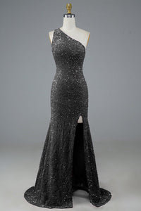 Sequin One Shoulder Prom Dress High Slit Long Evening Gown Ms250804