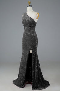 Sequin One Shoulder Prom Dress High Slit Long Evening Gown Ms250804