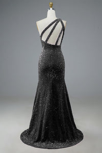 Sequin One Shoulder Prom Dress High Slit Long Evening Gown Ms250804