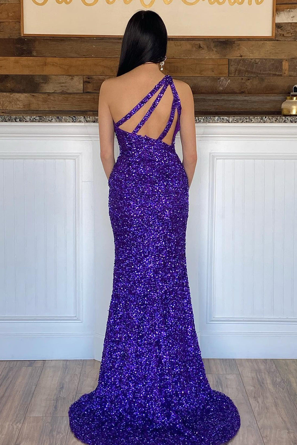 Sequin One Shoulder Prom Dress High Slit Long Evening Gown Ms250804