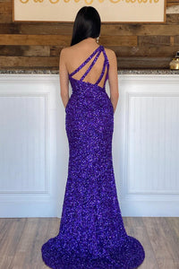 Sequin One Shoulder Prom Dress High Slit Long Evening Gown Ms250804