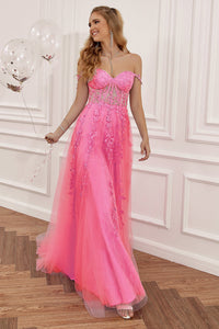 Lace Appliques A Line Evening Dress Sexy Slit Tulle Prom Dress Ms2508222