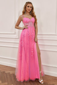 Lace Appliques A Line Evening Dress Sexy Slit Tulle Prom Dress Ms2508222