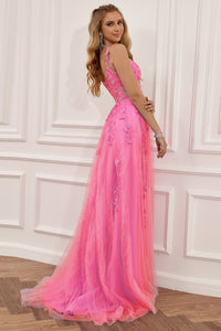 Lace Appliques A Line Evening Dress Sexy Slit Tulle Prom Dress Ms2508222