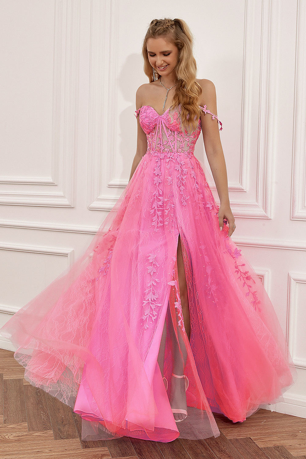 Lace Appliques A Line Evening Dress Sexy Slit Tulle Prom Dress Ms2508222