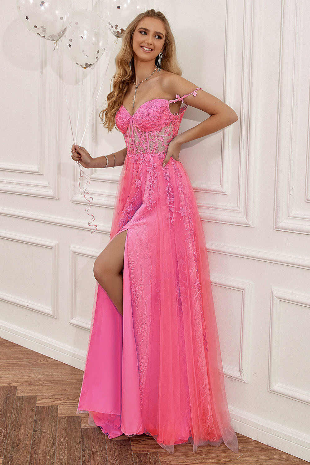 Lace Appliques A Line Evening Dress Sexy Slit Tulle Prom Dress Ms2508222