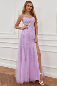 Lace Appliques A Line Evening Dress Sexy Slit Tulle Prom Dress Ms2508222