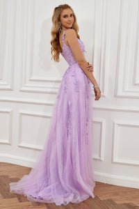 Lace Appliques A Line Evening Dress Sexy Slit Tulle Prom Dress Ms2508222