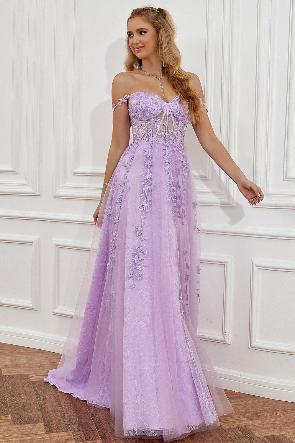 Lace Appliques A Line Evening Dress Sexy Slit Tulle Prom Dress Ms2508222