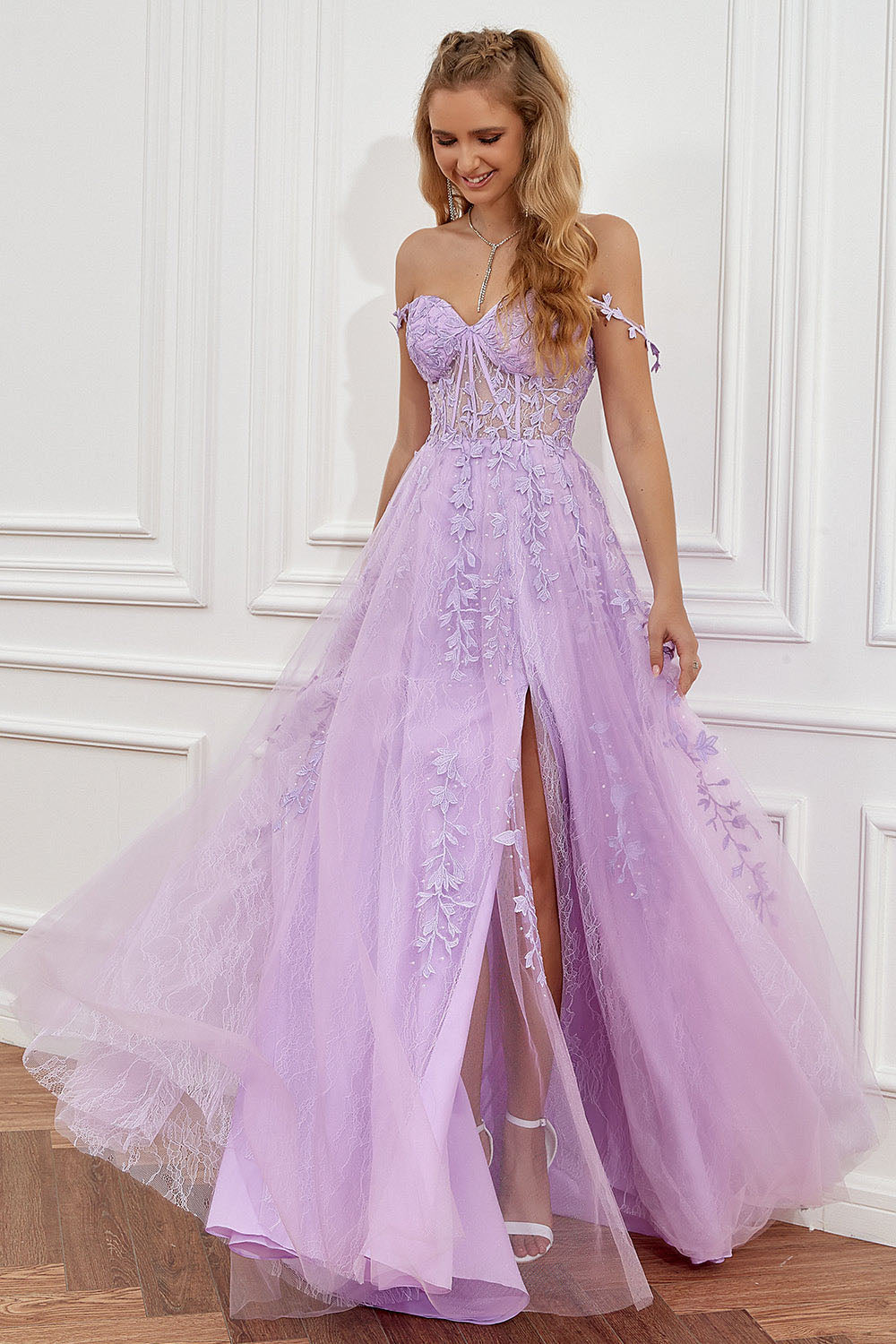 Lace Appliques A Line Evening Dress Sexy Slit Tulle Prom Dress Ms2508222