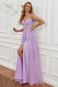 Lace Appliques A Line Evening Dress Sexy Slit Tulle Prom Dress Ms2508222