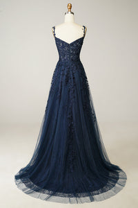 Lace Appliques A Line Evening Dress Sexy Slit Tulle Prom Dress Ms2508222